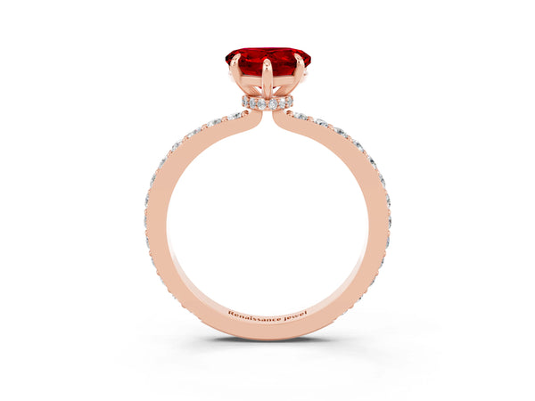 Rose gold Heart Cut Ruby Pavé Engagement Ring with Round  Accents and Prong Setting