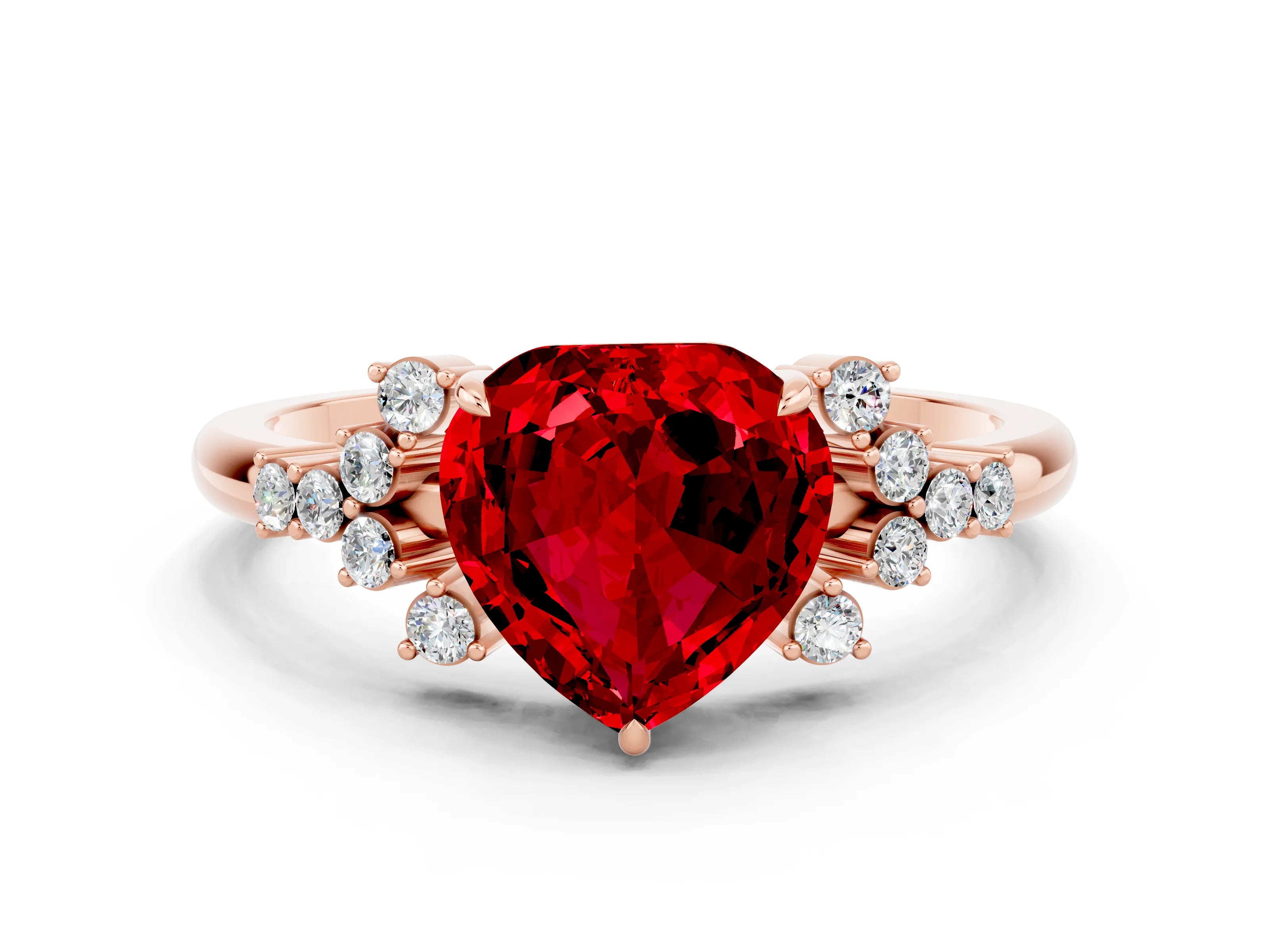 Rose gold Heart Cut Ruby Ring with Side Stones and Four-Prong Setting_36