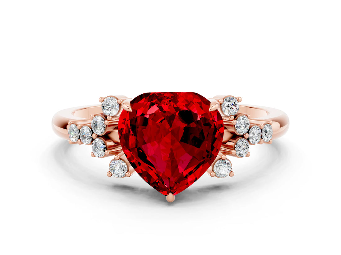 Rose gold Heart Cut Ruby Ring with Side Stones and Four-Prong Setting_36
