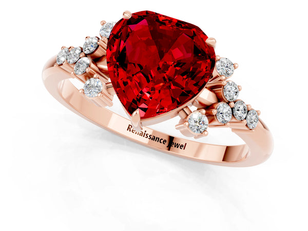 Rose gold Heart Cut Ruby Ring with Side Stones and Four-Prong Setting