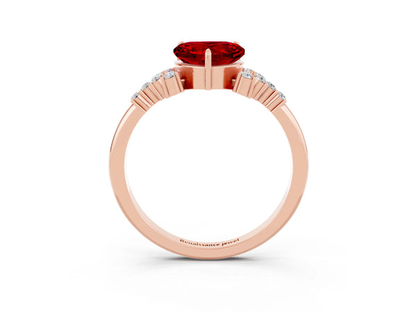 Rose gold Heart Cut Ruby Ring with Side Stones and Four-Prong Setting