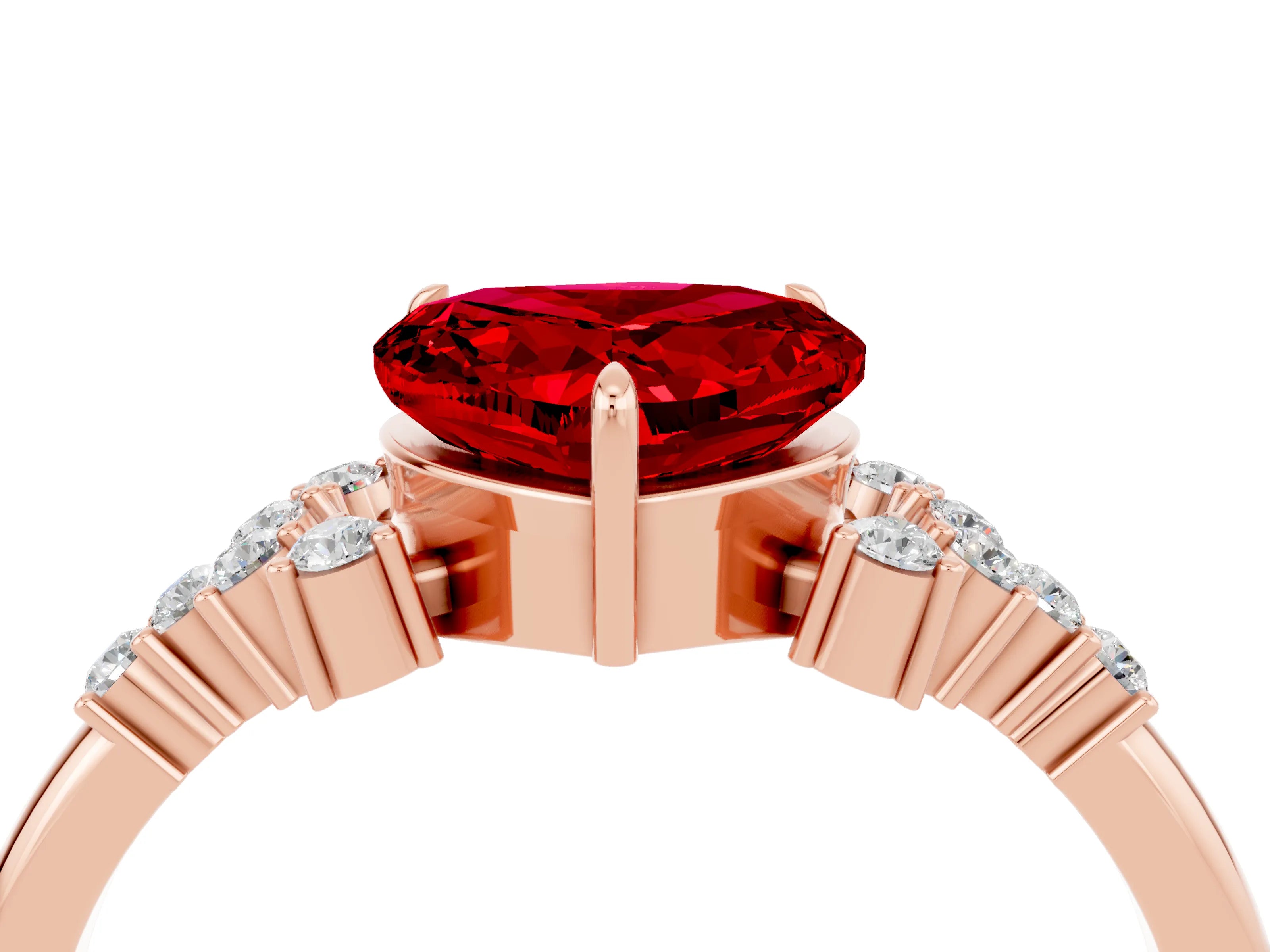 Rose gold Heart Cut Ruby Ring with Side Stones and Four-Prong Setting_40