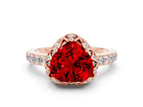Rose gold Heart Cut Ruby Scalloped Halo Engagement Ring with Round Shared Prong Band