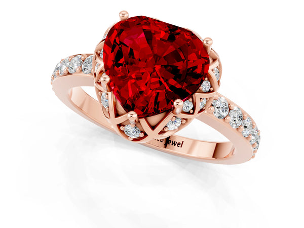 Rose gold Heart Cut Ruby Scalloped Halo Engagement Ring with Round Shared Prong Band