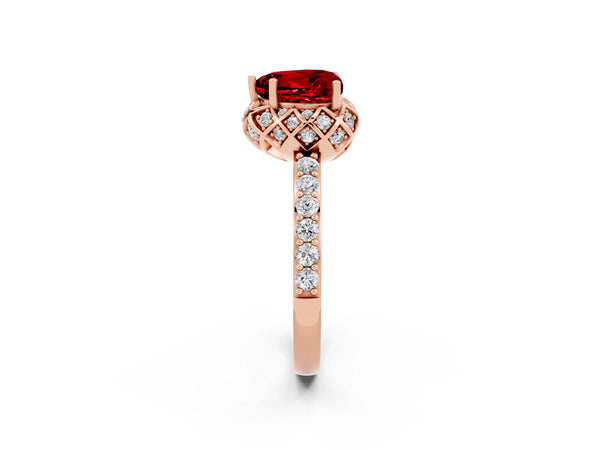 Rose gold Heart Cut Ruby Scalloped Halo Engagement Ring with Round Shared Prong Band