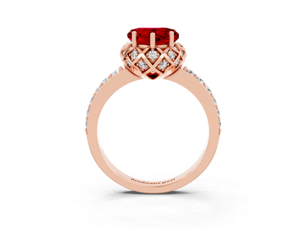 Rose gold Heart Cut Ruby Scalloped Halo Engagement Ring with Round Shared Prong Band