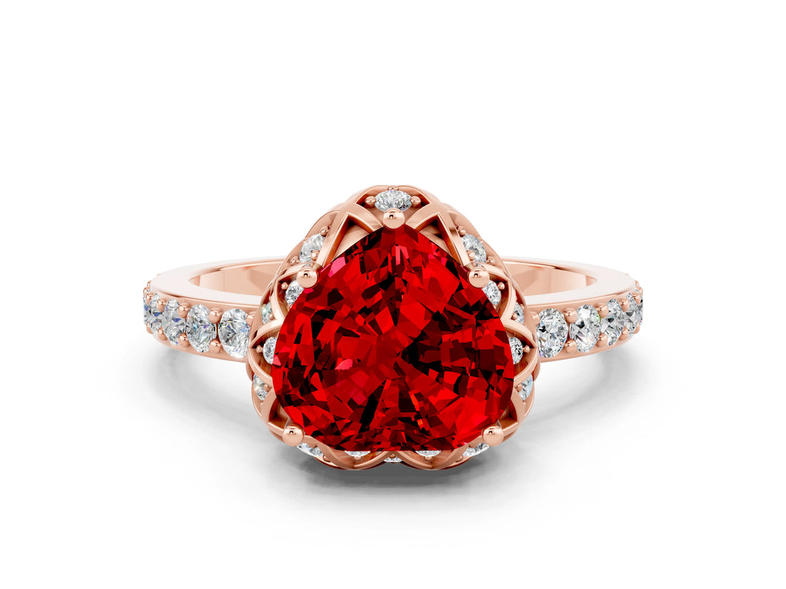 Rose gold Heart Cut Ruby Scalloped Halo Engagement Ring with Round Shared Prong Band_24