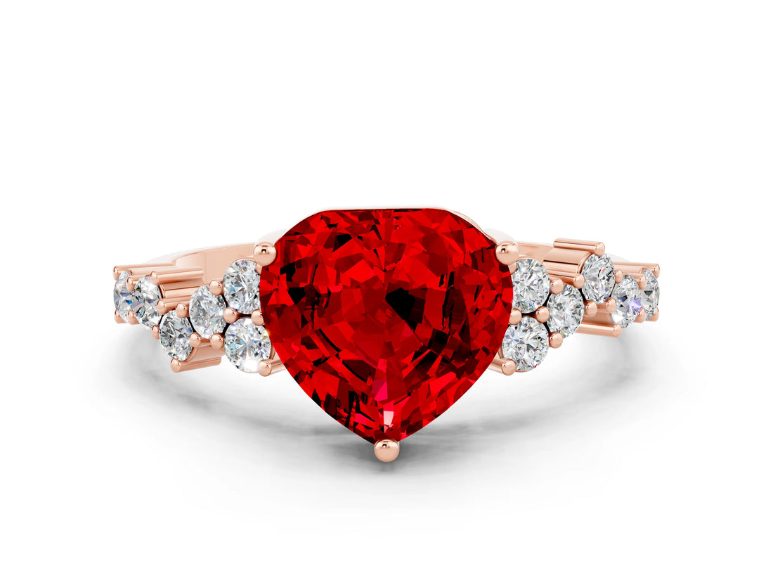 Rose gold Heart Cut Ruby Scattered Round Accent Ring with Prong Setting_12
