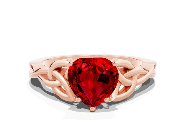 Rose gold Heart Cut Ruby Solitaire Celtic Knot Ring with Four-Prong Setting