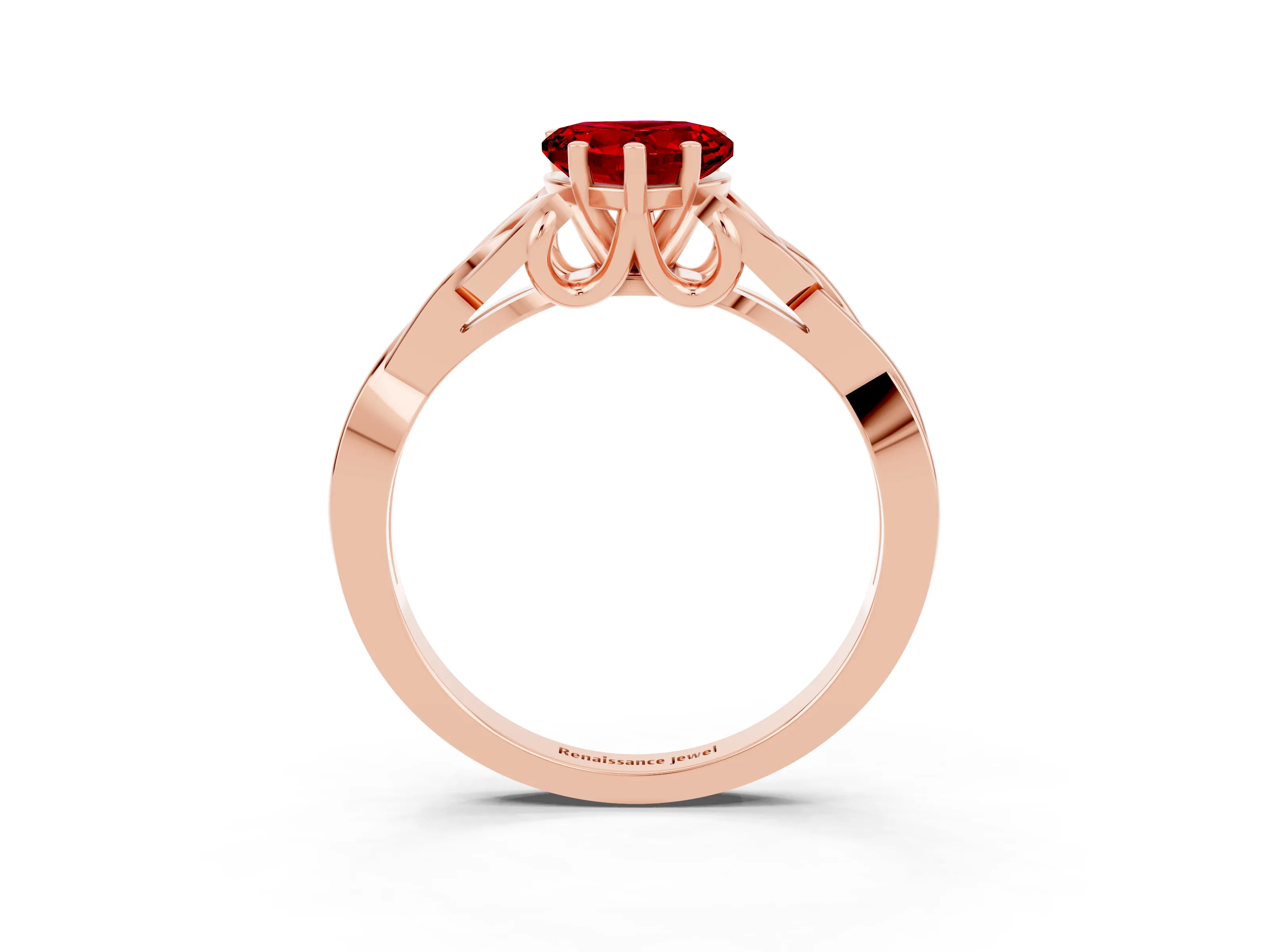 Rose gold Heart Cut Ruby Solitaire Engagement Ring with Celtic Knot Band and Four-Prong Setting_3
