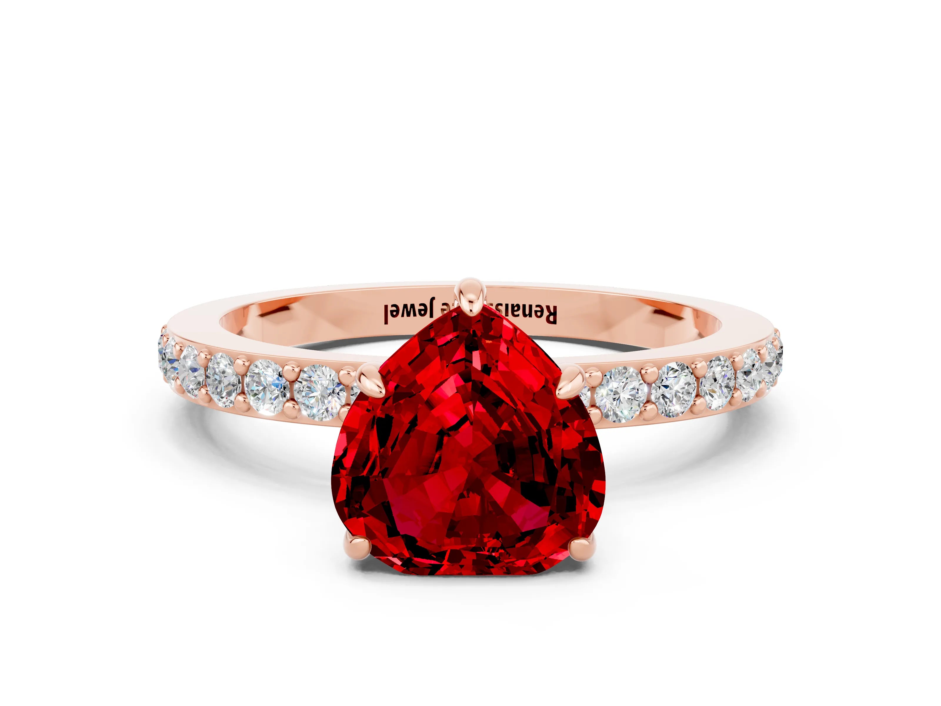 Rose gold Heart Cut Ruby Solitaire Engagement Ring with Pavé Band and Four-Prong Setting