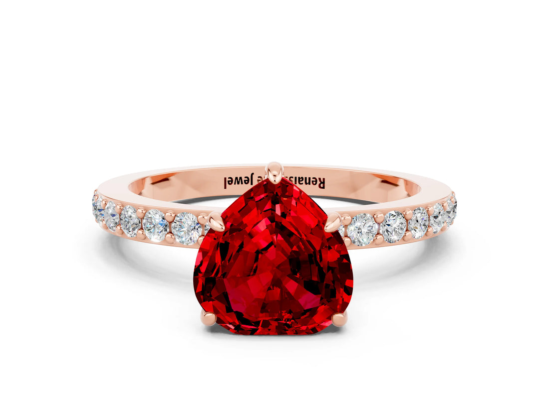 Rose gold Heart Cut Ruby Solitaire Engagement Ring with Pavé Band and Four-Prong Setting