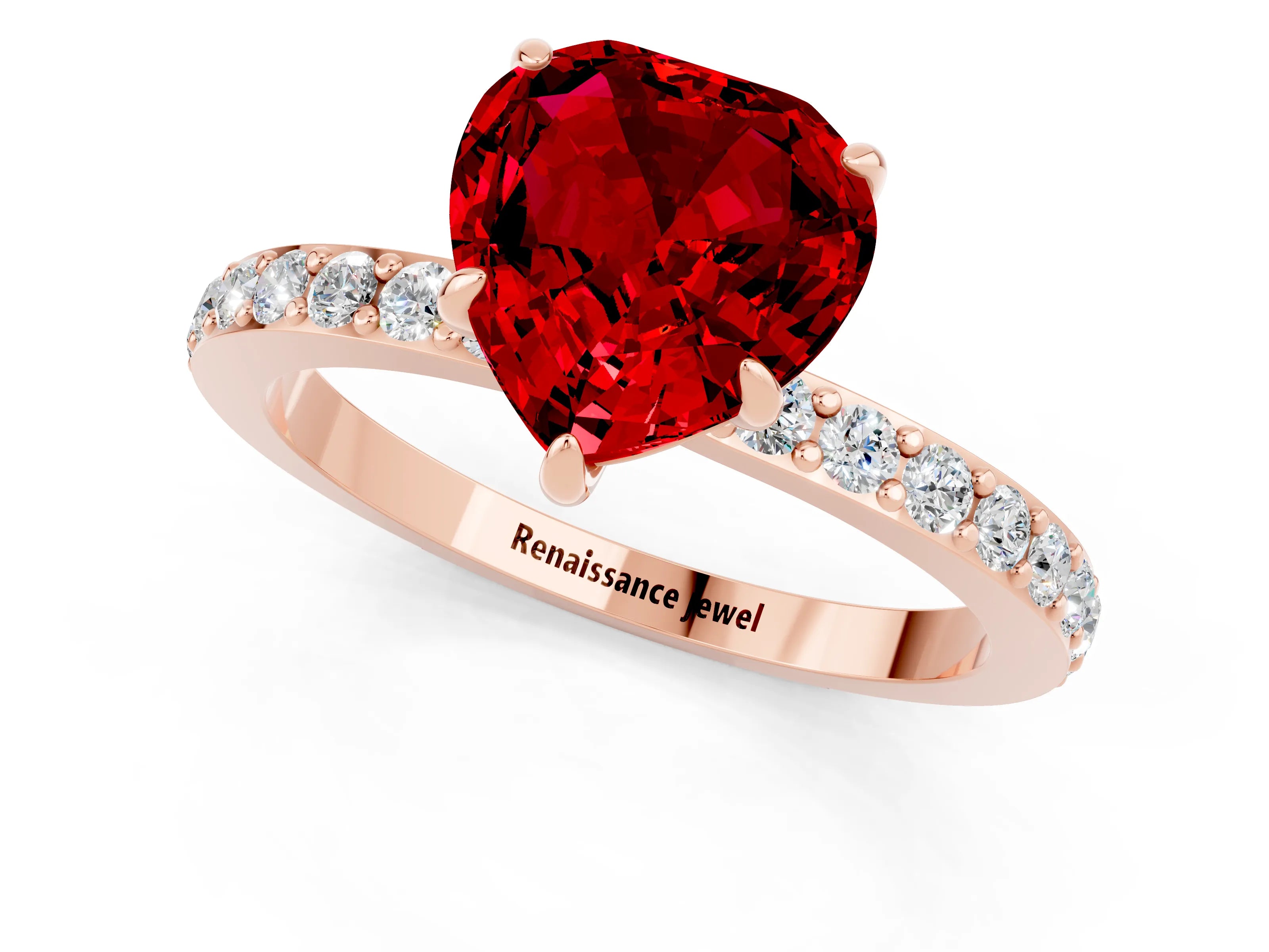 Rose gold Heart Cut Ruby Solitaire Engagement Ring with Pavé Band and Four-Prong Setting_1