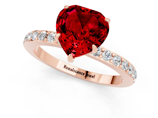 Rose gold Heart Cut Ruby Solitaire Engagement Ring with Pavé Band and Four-Prong Setting