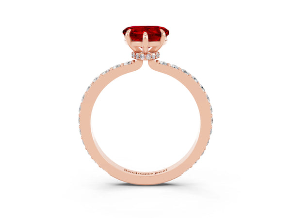 Rose gold Heart Cut Ruby Solitaire Engagement Ring with Pavé Band and Four-Prong Setting