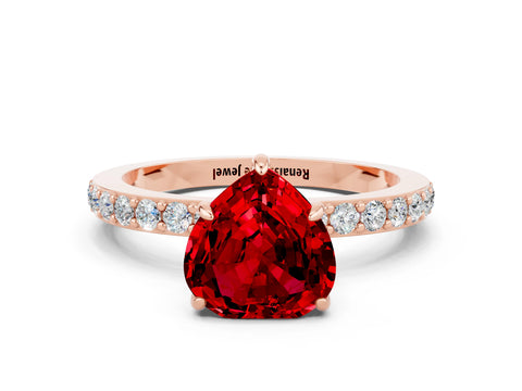 Rose gold Heart Cut Ruby Solitaire Engagement Ring with Pavé Band and Four-Prong Setting