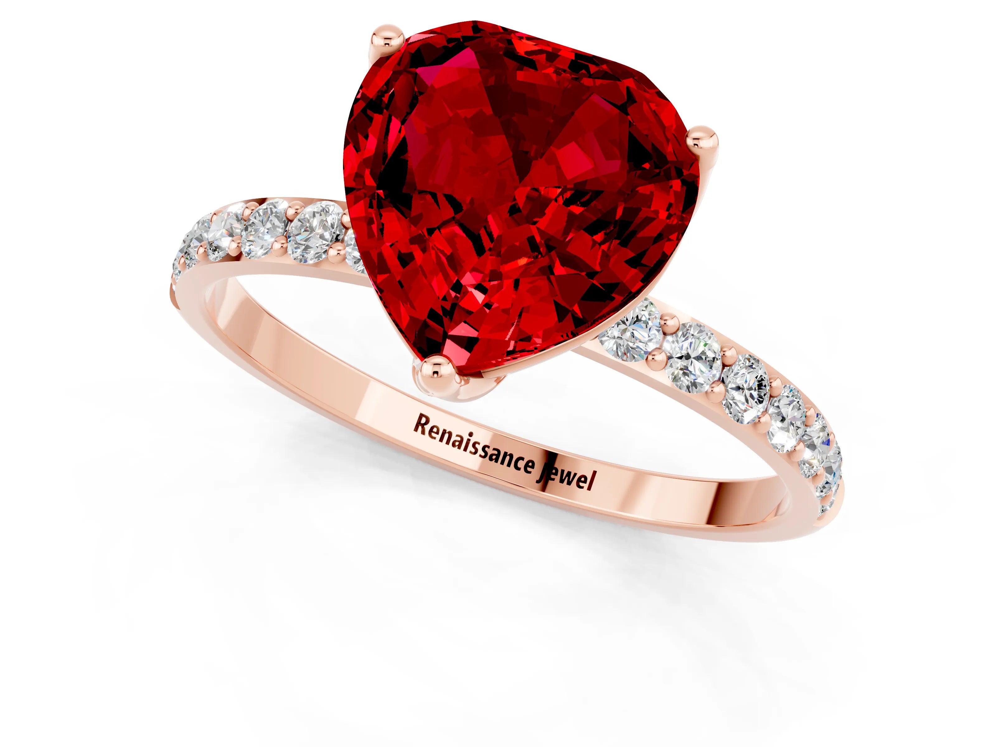 Rose gold Heart Cut Ruby Solitaire Engagement Ring with Pavé Band and Prong Setting_1