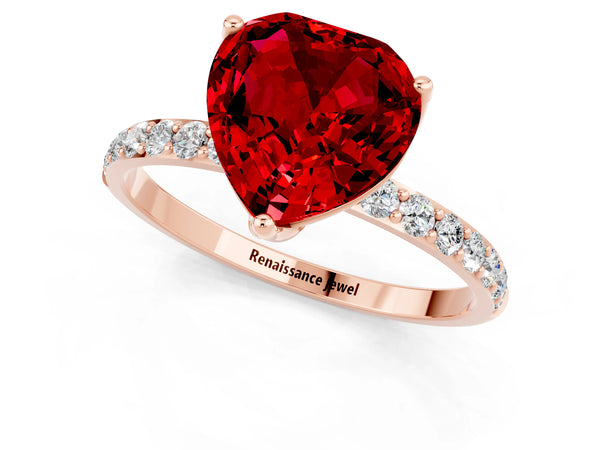 Rose gold Heart Cut Ruby Solitaire Engagement Ring with Round  Pavé Band and Prong Setting