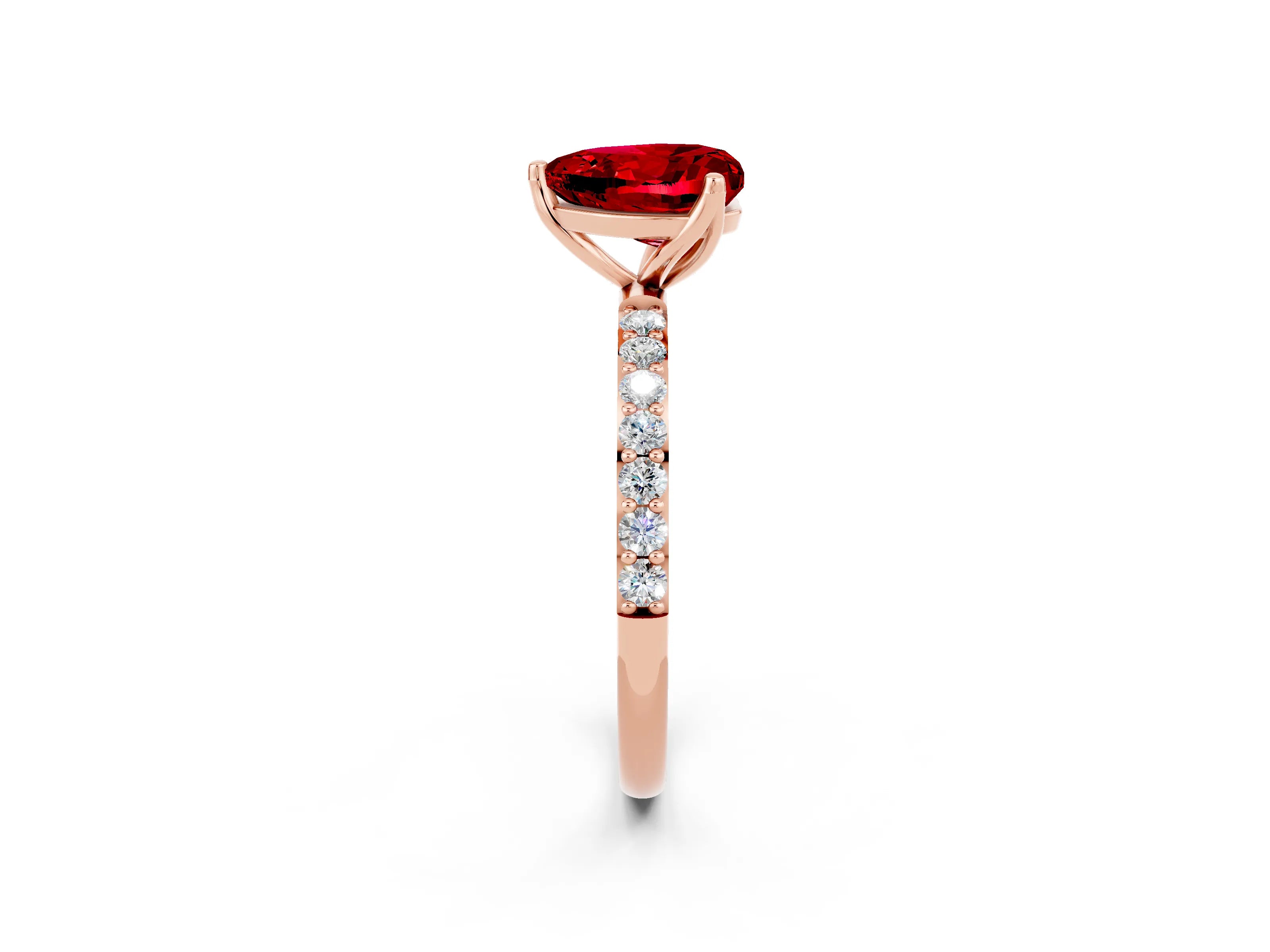 Rose gold Heart Cut Ruby Solitaire Engagement Ring with Pavé Band and Prong Setting_2