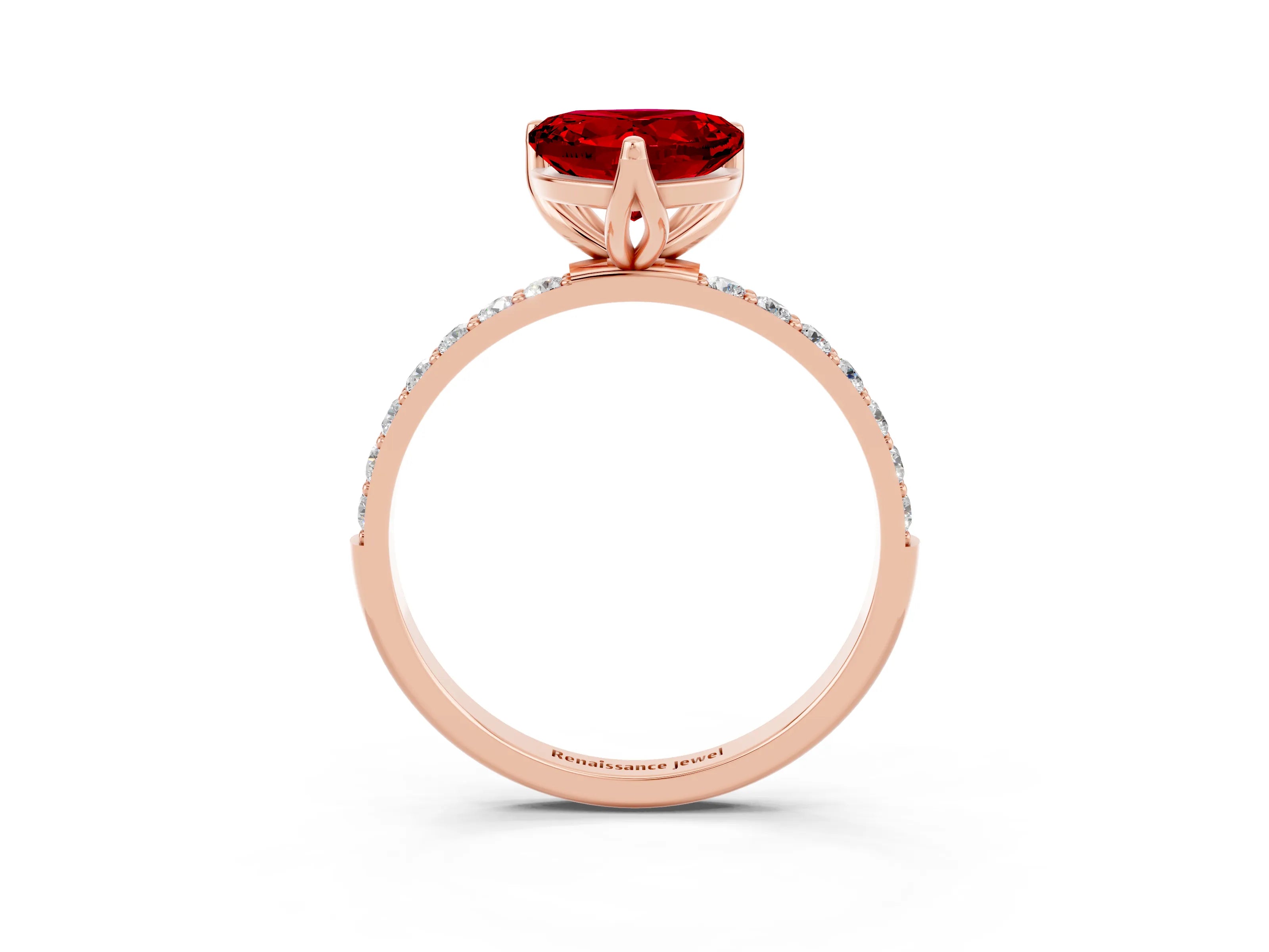 Rose gold Heart Cut Ruby Solitaire Engagement Ring with Pavé Band and Prong Setting_3