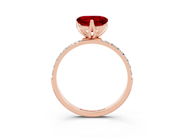Rose gold Heart Cut Ruby Solitaire Engagement Ring with Round  Pavé Band and Prong Setting