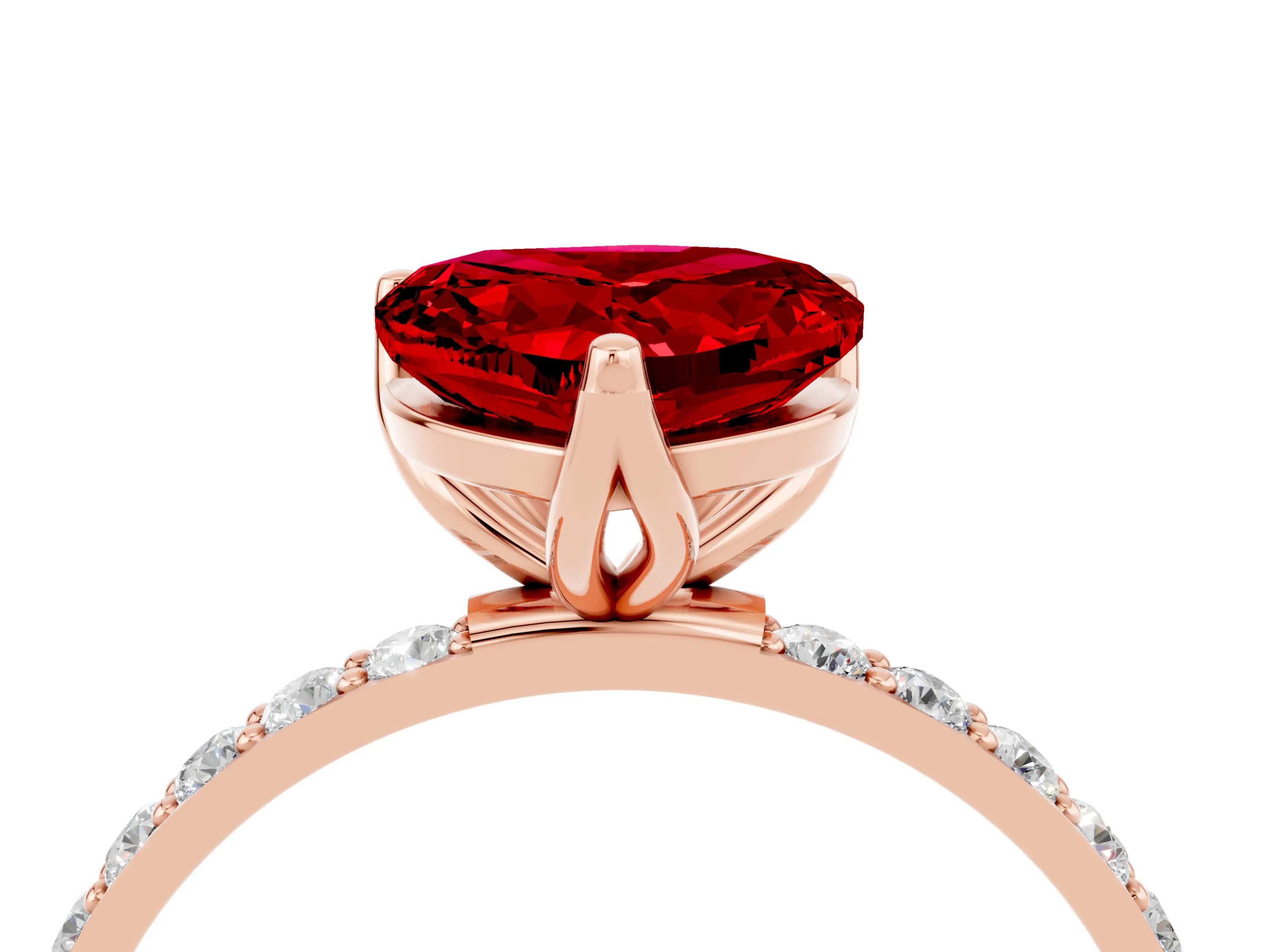 Rose gold Heart Cut Ruby Solitaire Engagement Ring with Pavé Band and Prong Setting_4