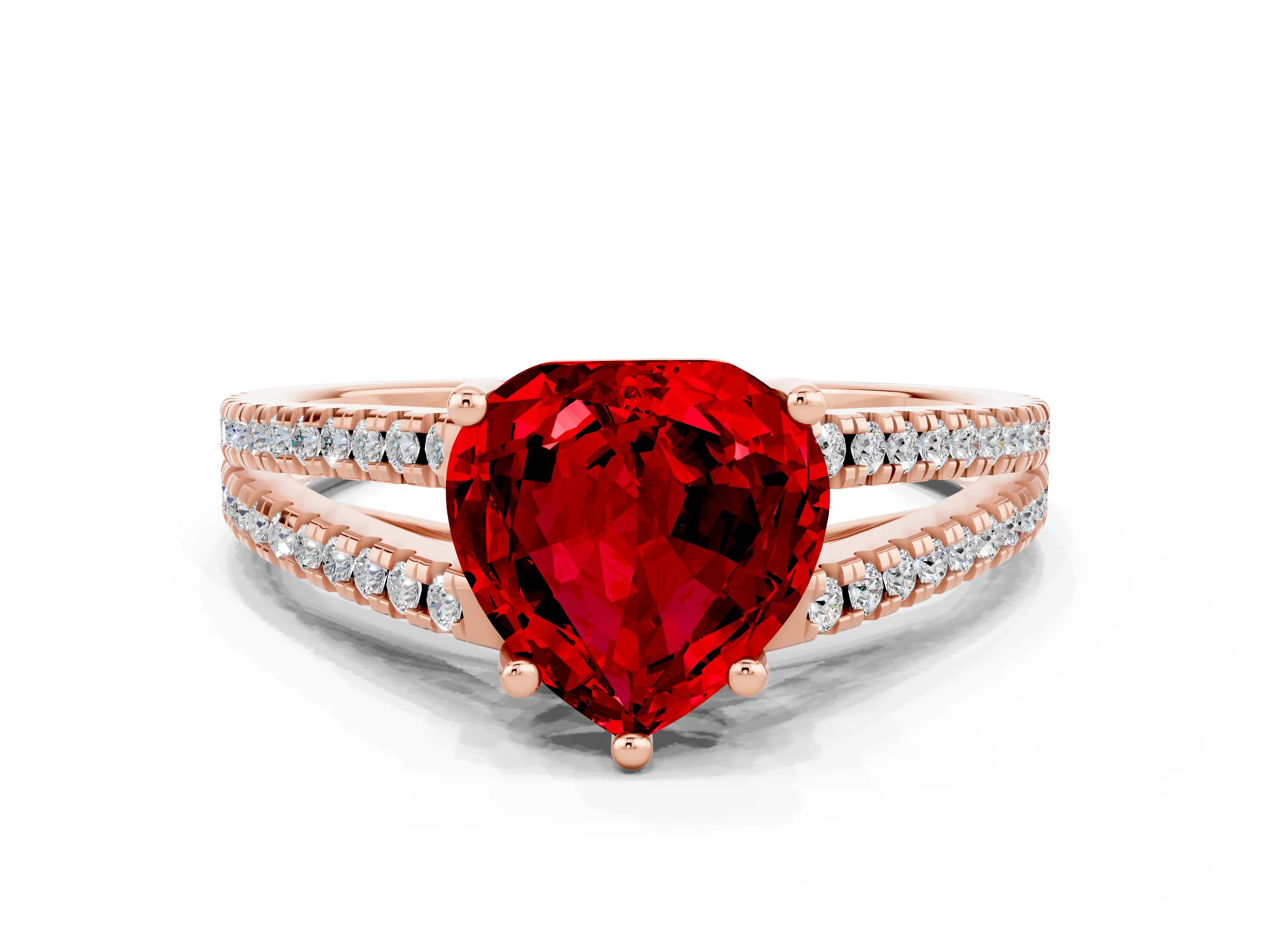 Rose gold Heart Cut Ruby Solitaire Engagement Ring with Split Shank Pavé Band