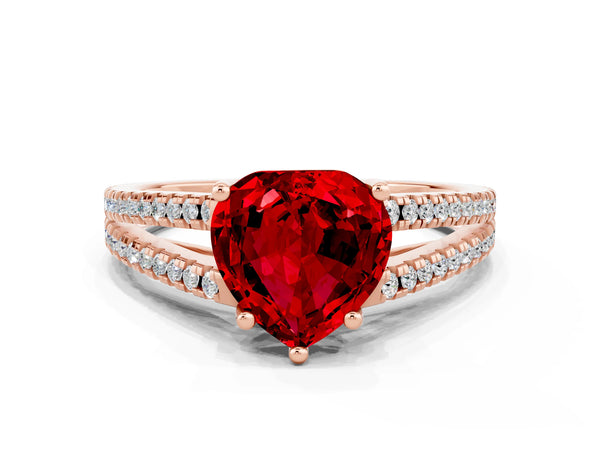 Rose gold Heart Cut Ruby Solitaire Engagement Ring with Split Shank Pavé Band