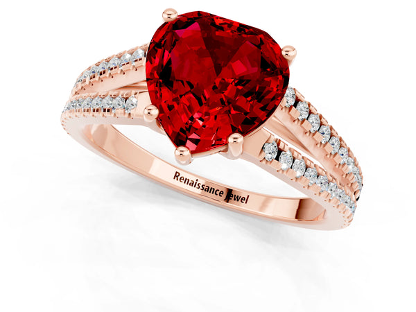Rose gold Heart Cut Ruby Solitaire Engagement Ring with Split Shank Pavé Band