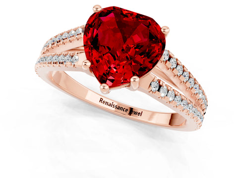 Rose gold Heart Cut Ruby Solitaire Engagement Ring with Split Shank Pavé Band_1
