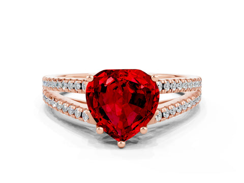 Rose gold Heart Cut Ruby Solitaire Engagement Ring with Split Shank Pavé Band