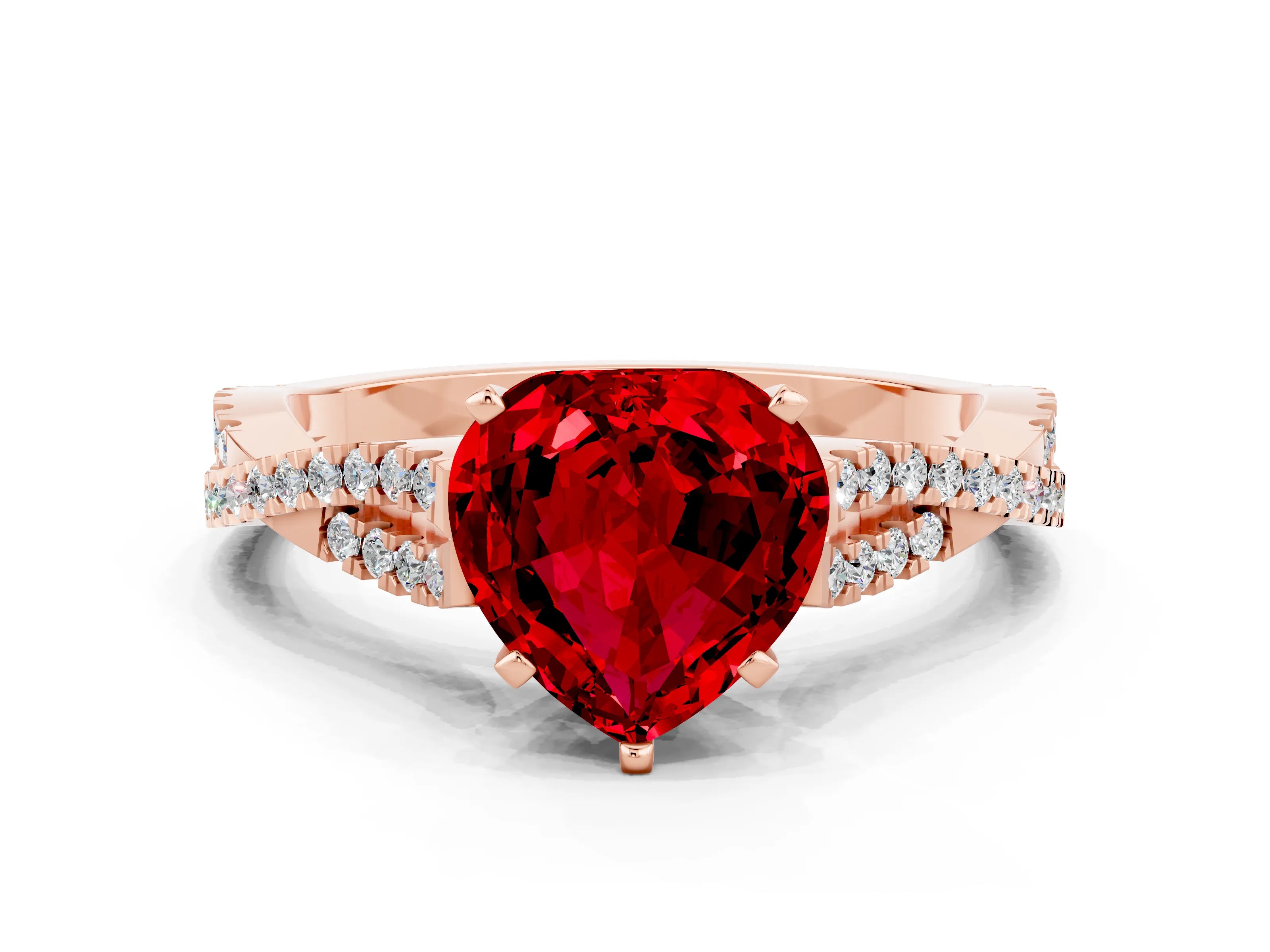 Rose gold Heart Cut Ruby Solitaire Engagement Ring with Twisted Pavé Band and Four-Prong Setting_12