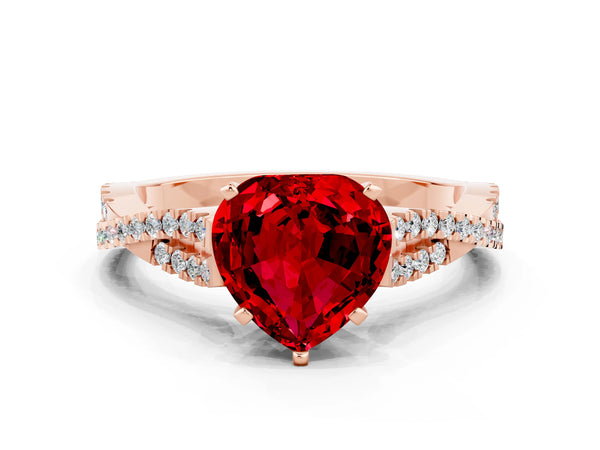 Rose gold Heart Cut Ruby Solitaire Engagement Ring with Twisted Pavé Band and Four-Prong Setting