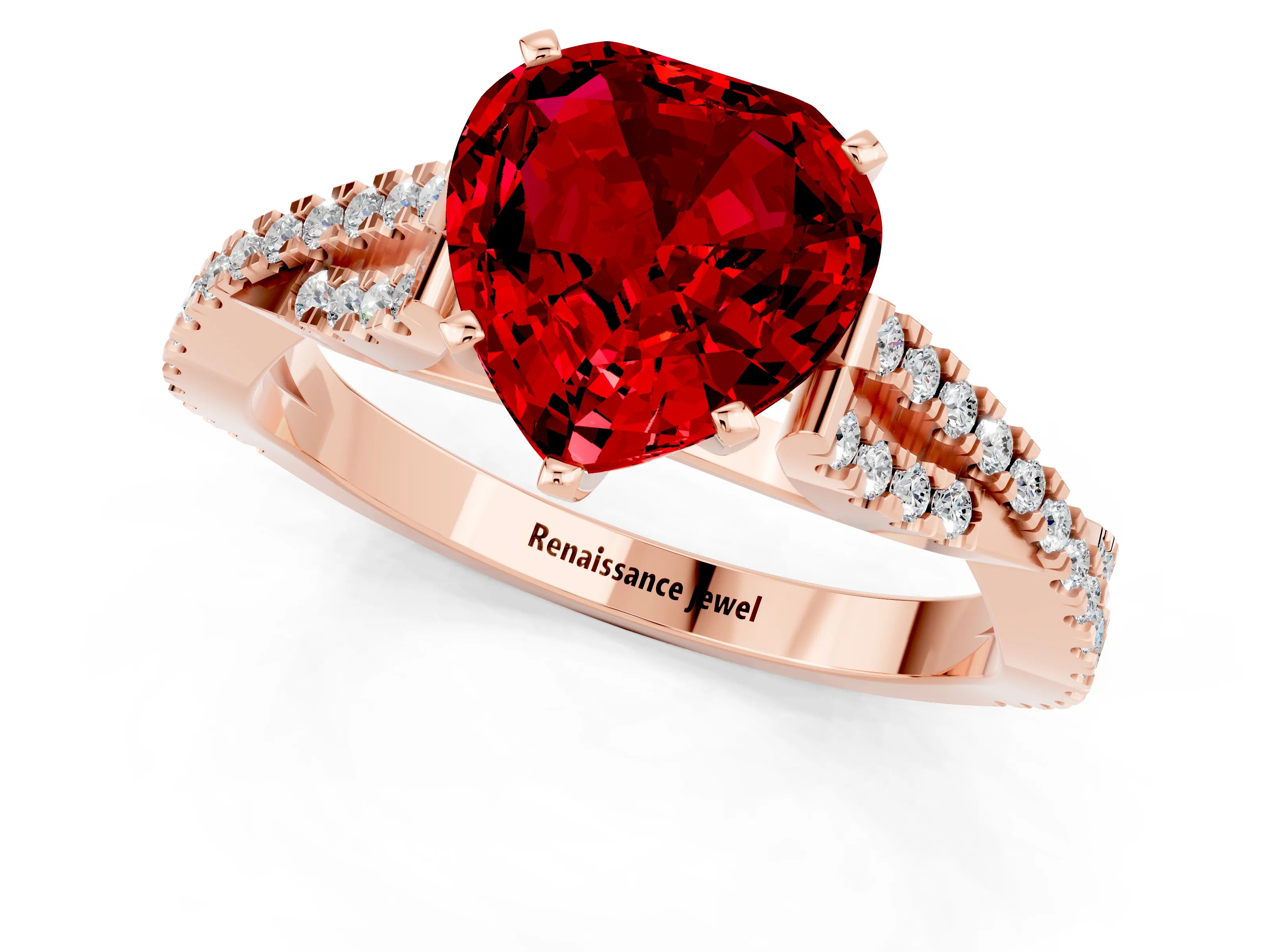 Rose gold Heart Cut Ruby Solitaire Engagement Ring with Twisted Pavé Band and Four-Prong Setting_13