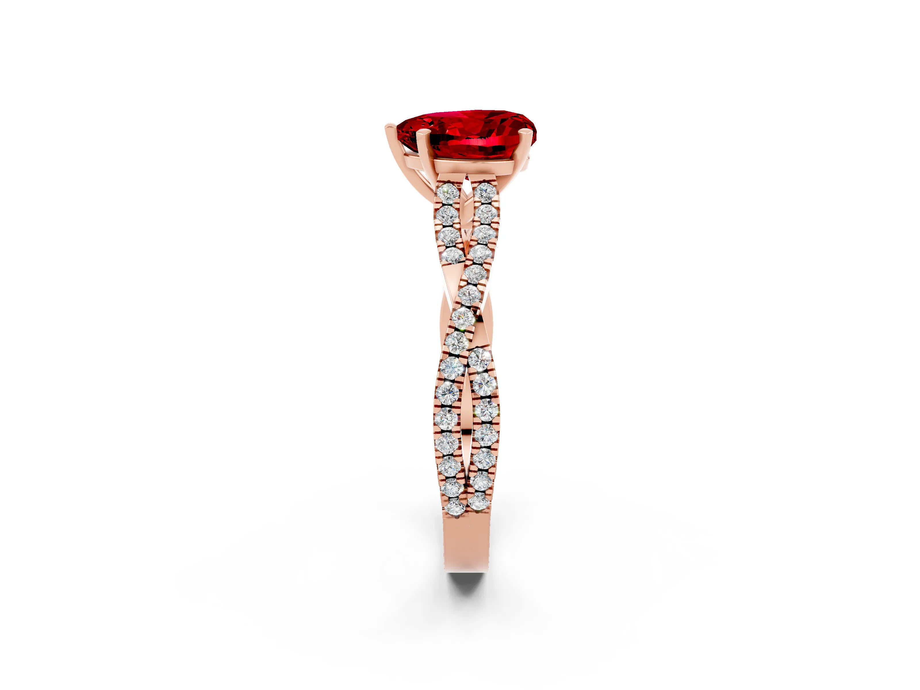 Rose gold Heart Cut Ruby Solitaire Engagement Ring with Twisted Pavé Band and Four-Prong Setting_14