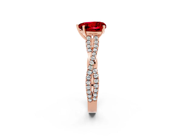 Rose gold Heart Cut Ruby Solitaire Engagement Ring with Twisted Pavé Band and Four-Prong Setting