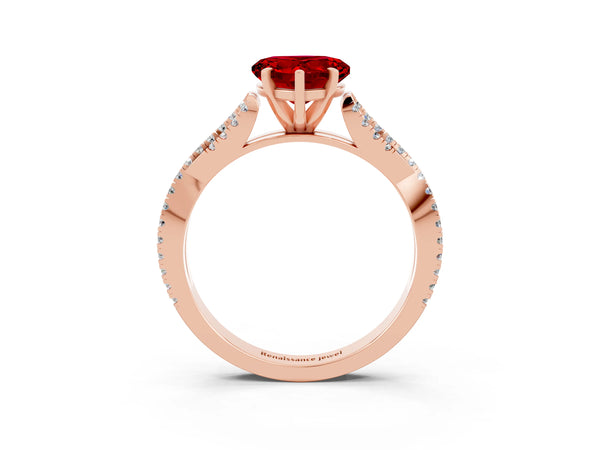 Rose gold Heart Cut Ruby Solitaire Engagement Ring with Twisted Pavé Band and Four-Prong Setting