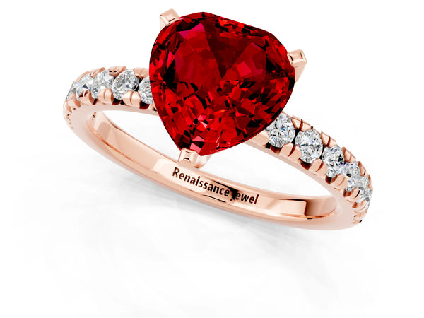 Rose gold Heart Cut Ruby Solitaire Pavé Engagement Ring with Round Band and Prong Setting