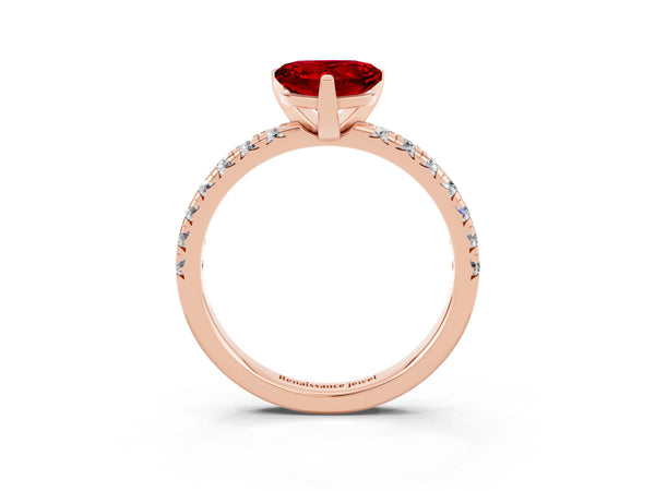 Rose gold Heart Cut Ruby Solitaire Pavé Engagement Ring with Round Band and Prong Setting