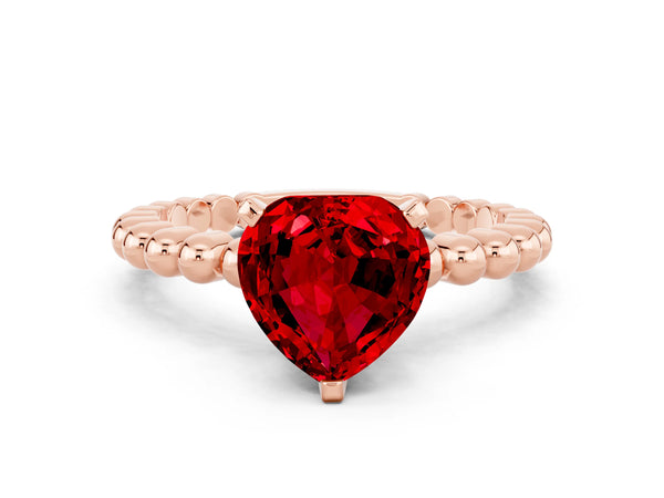 Rose gold Heart Cut Ruby Solitaire Ring with Beaded Band and Prong Setting