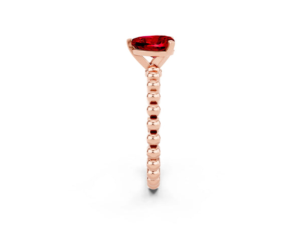 Rose gold Heart Cut Ruby Solitaire Ring with Beaded Band and Prong Setting