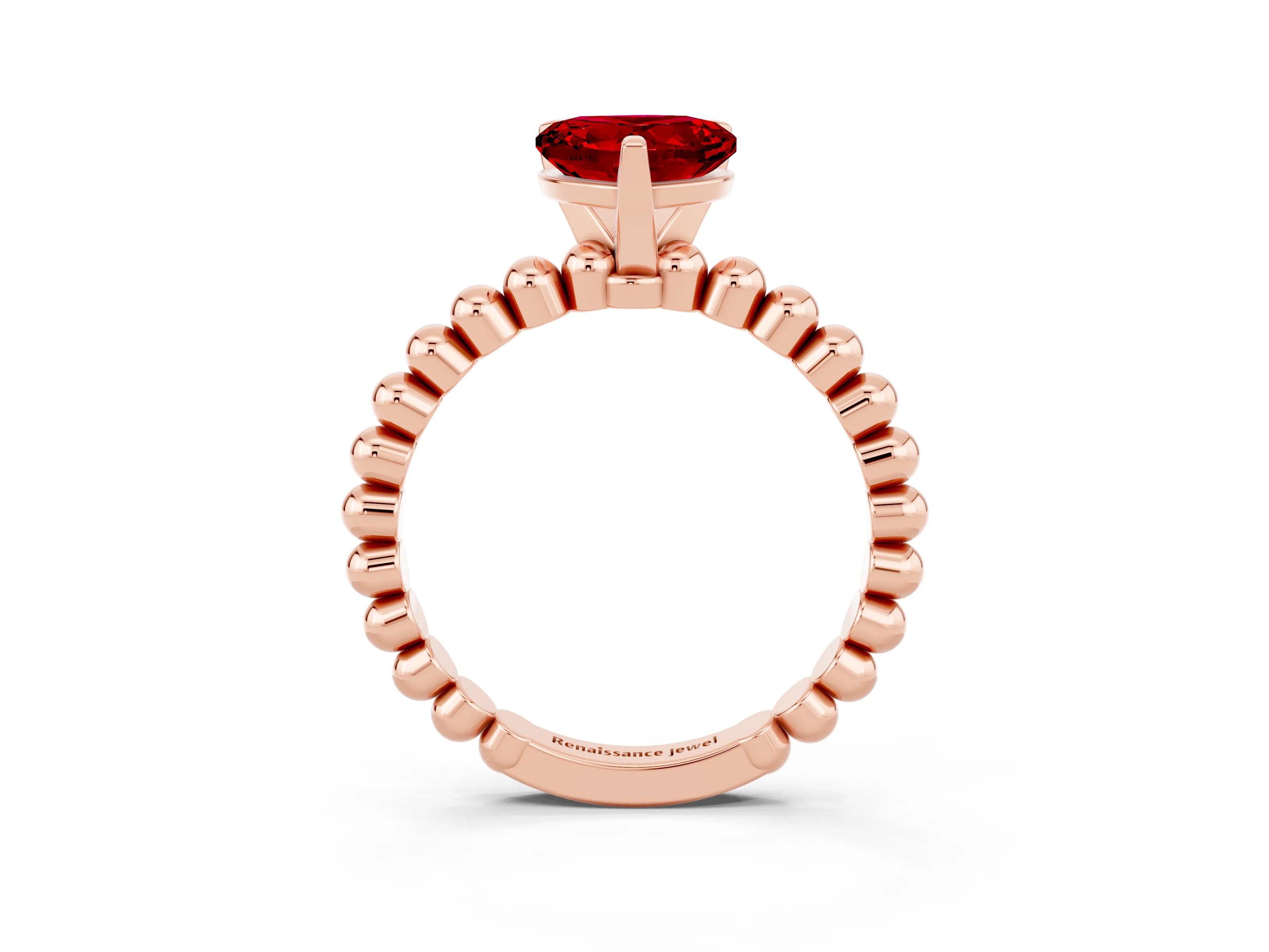 Rose gold Heart Cut Ruby Solitaire Ring with Beaded Band and Prong Setting_3