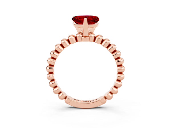 Rose gold Heart Cut Ruby Solitaire Ring with Beaded Band and Prong Setting