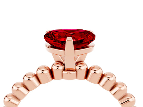 Rose gold Heart Cut Ruby Solitaire Ring with Beaded Band and Prong Setting_4