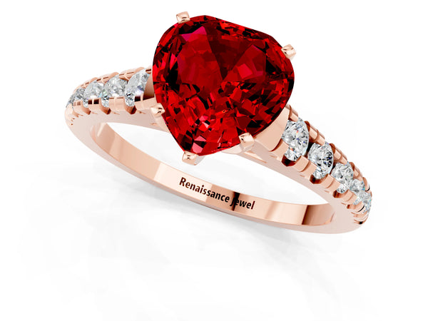Rose gold Heart Cut Ruby Cathedral Solitaire Ring with Round  Pavé Band