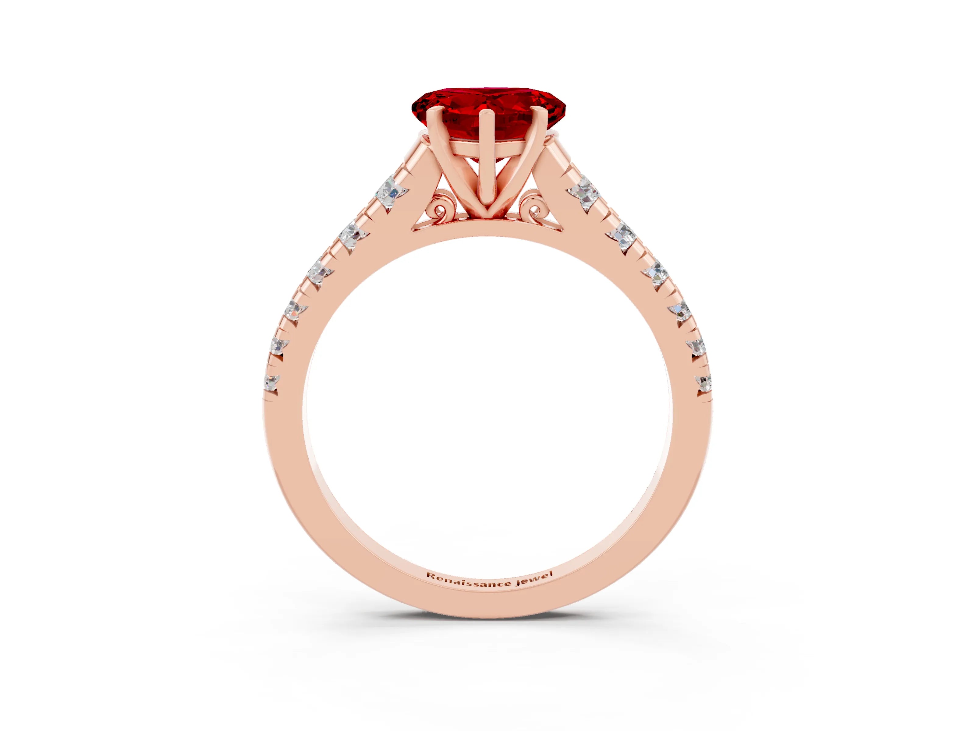 Rose gold Heart Cut Ruby Solitaire Ring with Cathedral Setting and Pavé Band_3