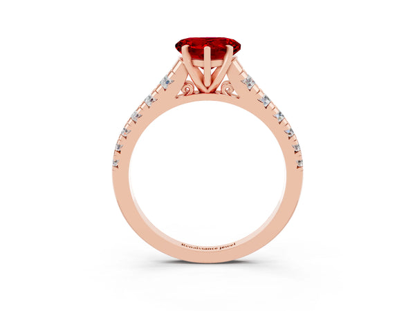 Rose gold Heart Cut Ruby Cathedral Solitaire Ring with Round  Pavé Band