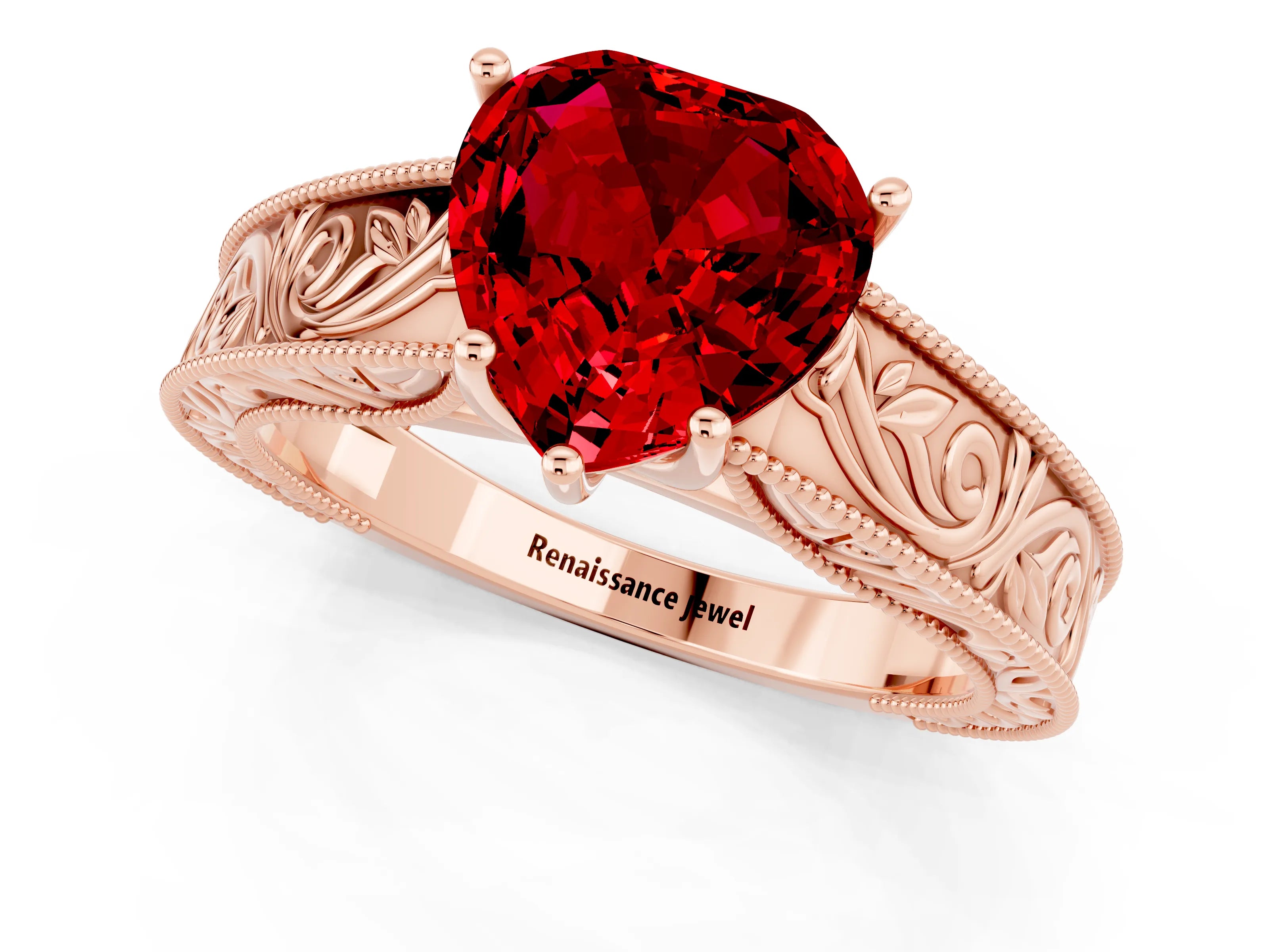 Rose gold Heart Cut Ruby Solitaire Ring with Engraved Band and Four-Prong Setting_1