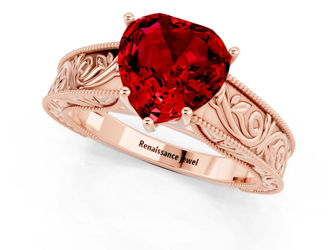 Rose gold Heart Cut Ruby Solitaire Ring with Engraved Band and Four-Prong Setting_1