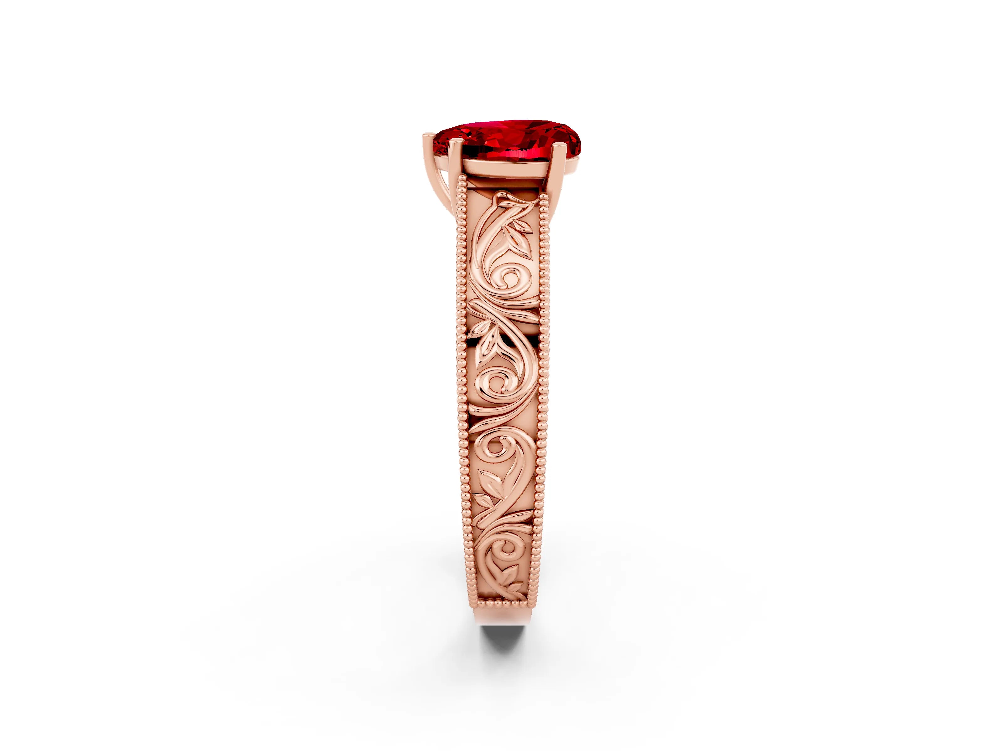 Rose gold Heart Cut Ruby Solitaire Ring with Engraved Band and Four-Prong Setting_2